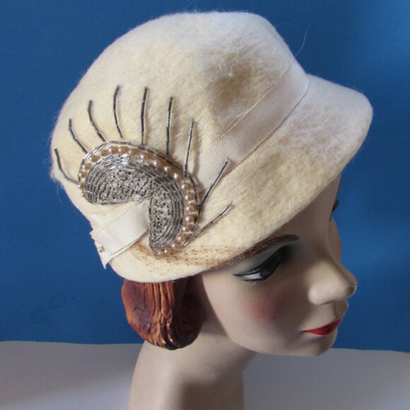 Mid Century Cloche in Cream Felt with Silver Tone Beading main image 15